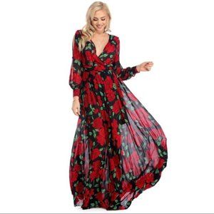 Windsor Black Roses Split Sleeve Wrap Maxi S NWT
